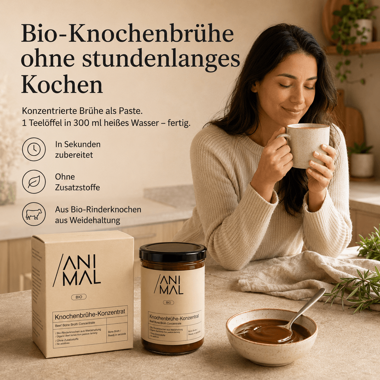 Animal Based Knochenbrühe-Konzentrat vielseitig verwendbar für Suppen, Saucen, Reis, Pasta oder als warme Tasse Brühe.