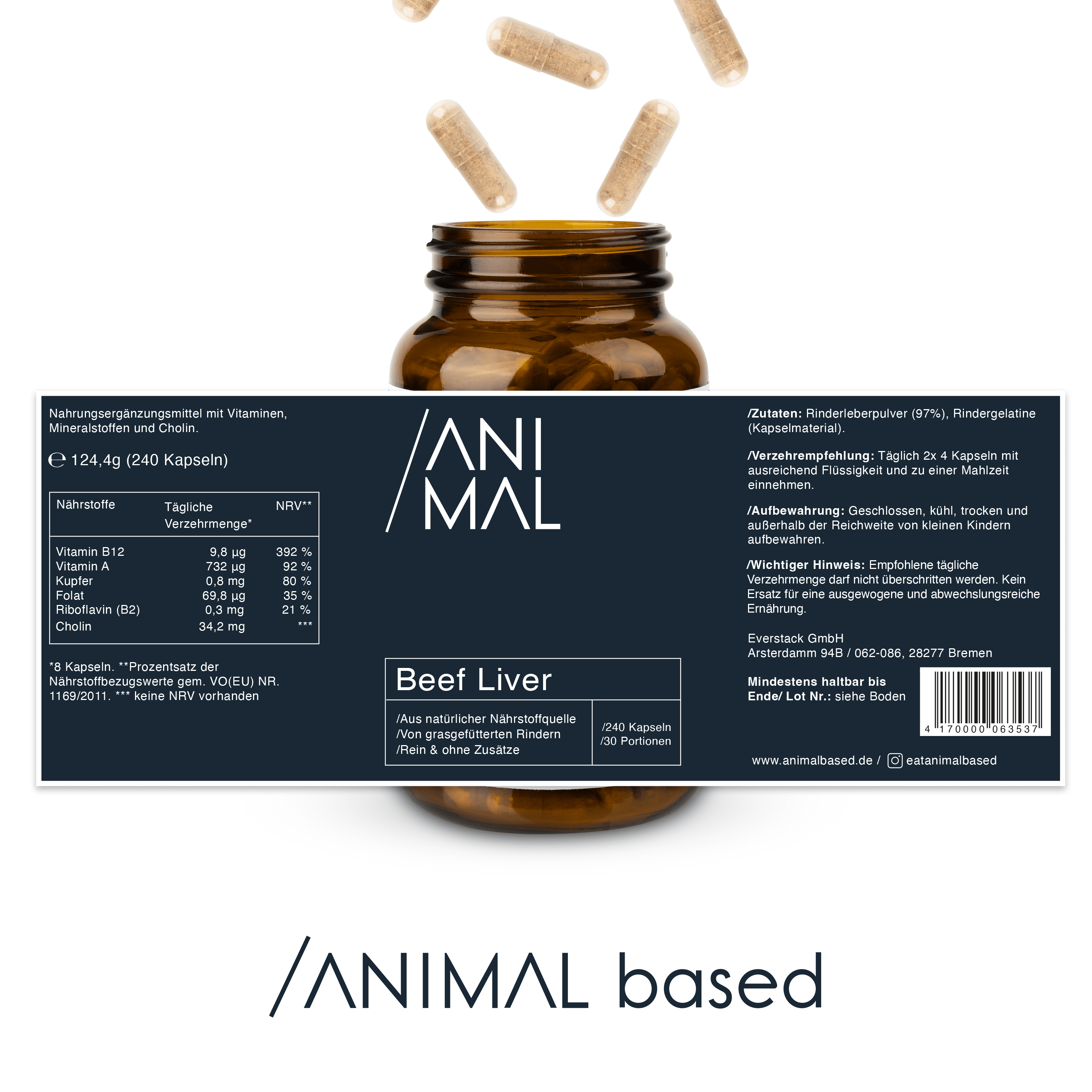 Darstellung der Naehrstoffe von Beef Liver Capsules von Animal Based, 240 Kapseln für 30 Portionen