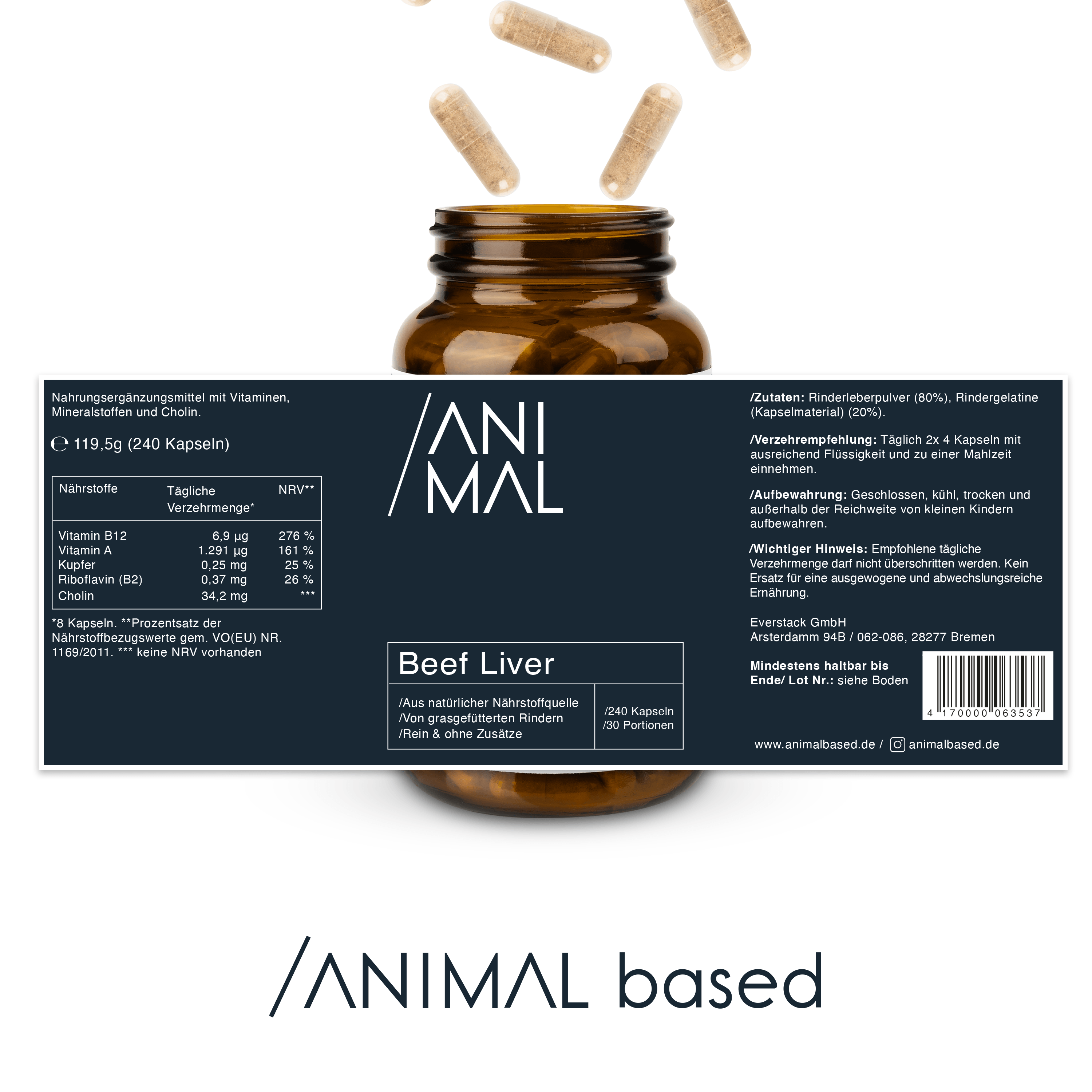 Darstellung der Naehrstoffe von Beef Liver Capsules von Animal Based, 240 Kapseln für 30 Portionen