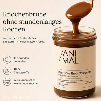 Animal Based Knochenbrühe-Konzentrat vielseitig verwendbar für Suppen, Saucen, Reis, Pasta oder als warme Tasse Brühe.