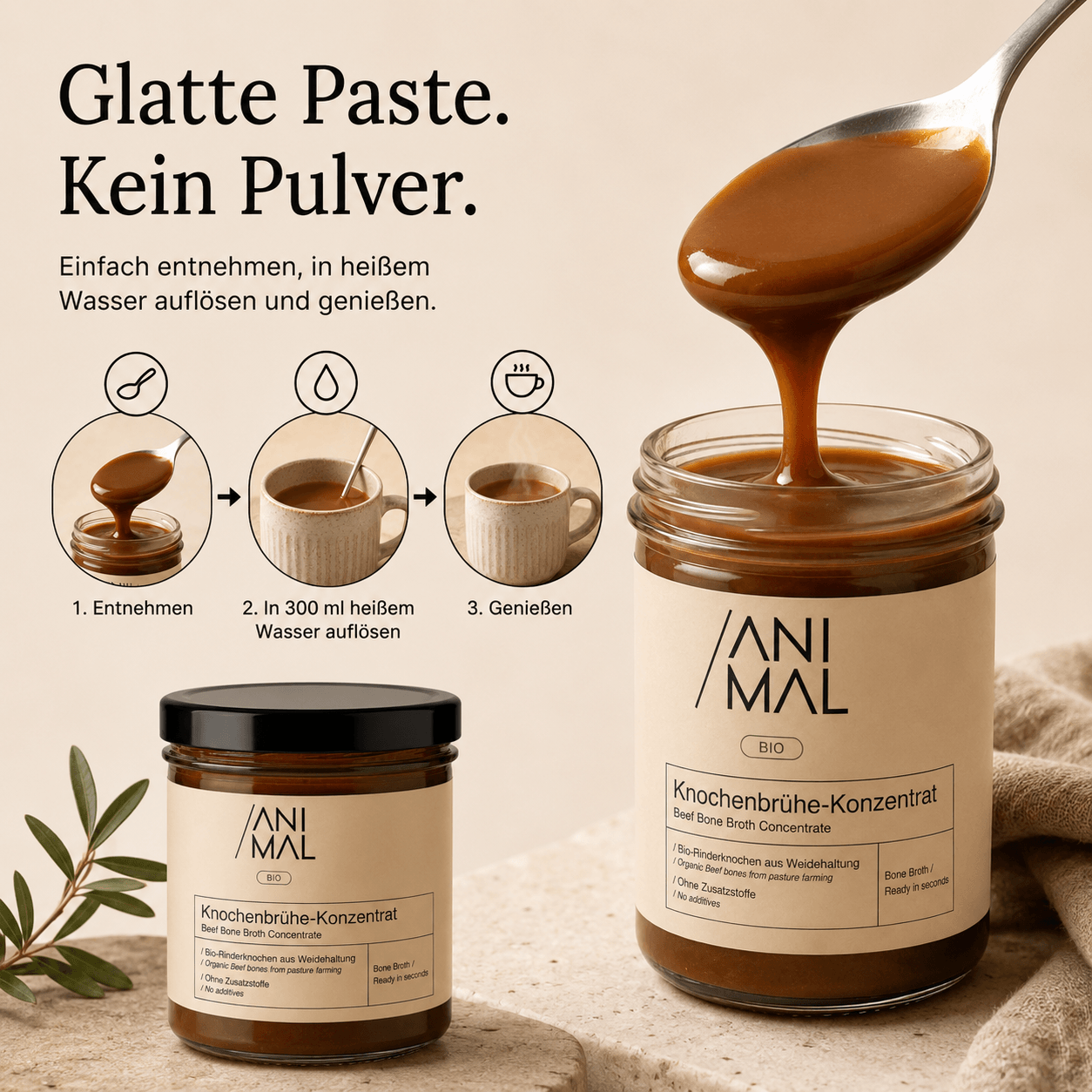 440 g Animal Based Knochenbrühe-Konzentrat ergeben ca. 8,8 Liter Brühe und etwa 44 Portionen.