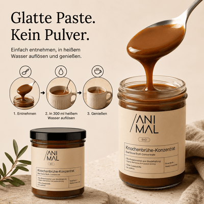 440 g Animal Based Knochenbrühe-Konzentrat ergeben ca. 8,8 Liter Brühe und etwa 44 Portionen.
