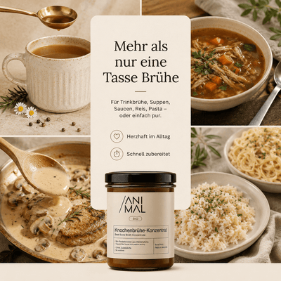 Animal Based Knochenbrühe-Konzentrat aus Rinderknochen europäischer Weidehaltung.