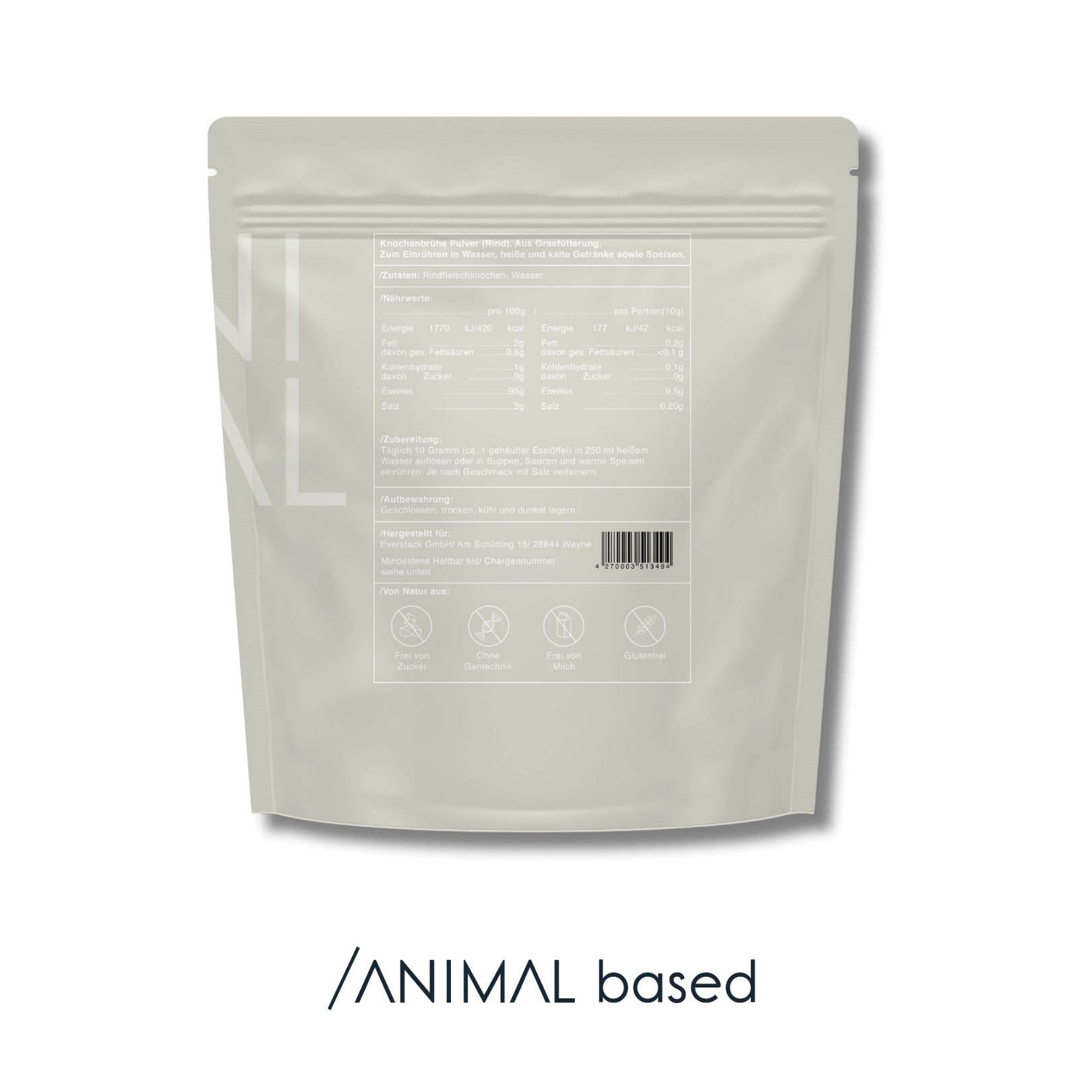 Darstellung der Naehrstoffe von Beef Bone Broth von Animal Based, 500 Gramm für 50 Portionen