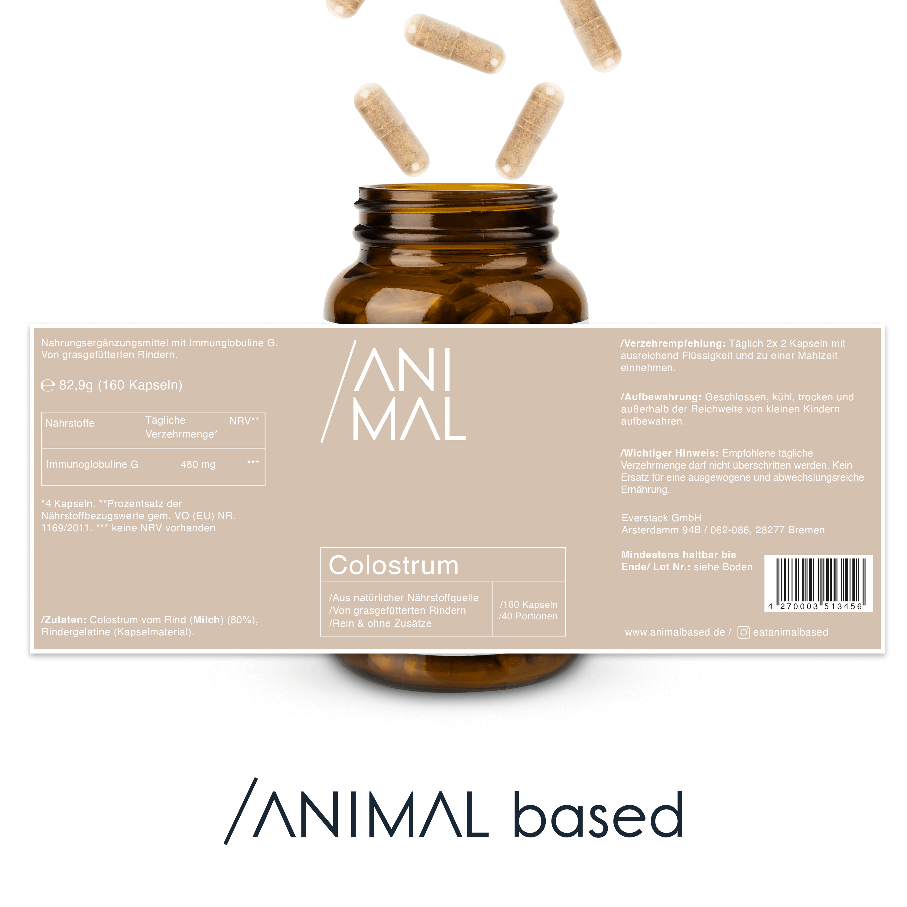 Darstellung der Naehrstoffe von Beef Colostrum Capsules von Animal Based, 240 Kapseln für 30 Portionen