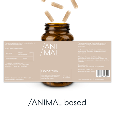 Darstellung der Naehrstoffe von Beef Colostrum Capsules von Animal Based, 240 Kapseln für 30 Portionen