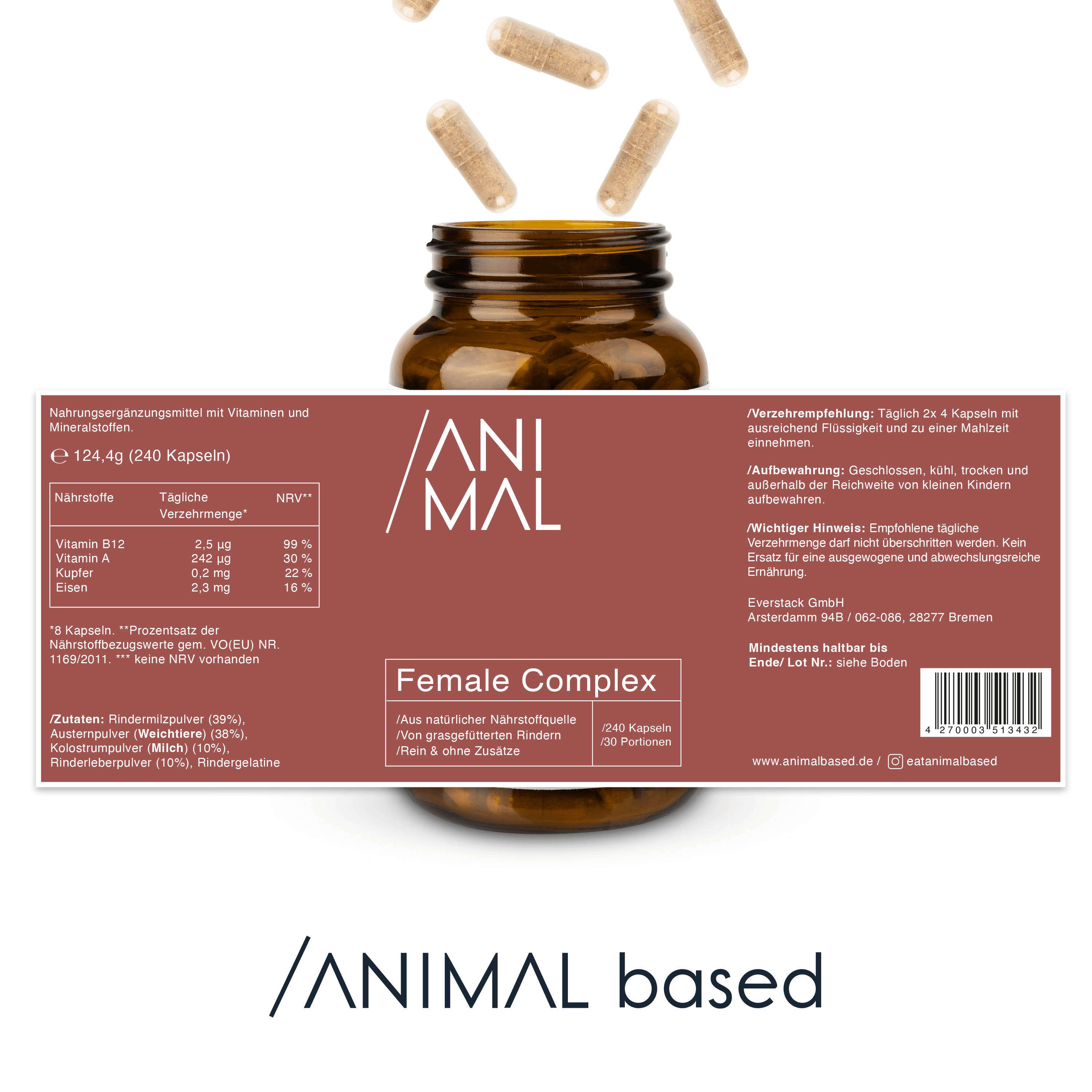 Darstellung der Naehrstoffe von Female Complex Capsules von Animal Based, 240 Kapseln für 30 Portionen