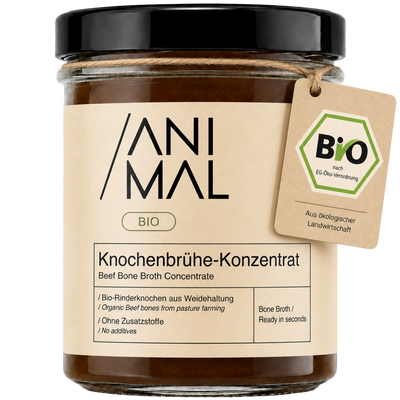 Animal Based Beef Bone Broth Concentrate als praktische Knochenbrühe-Paste für schnelle Brühe ohne stundenlanges Kochen.