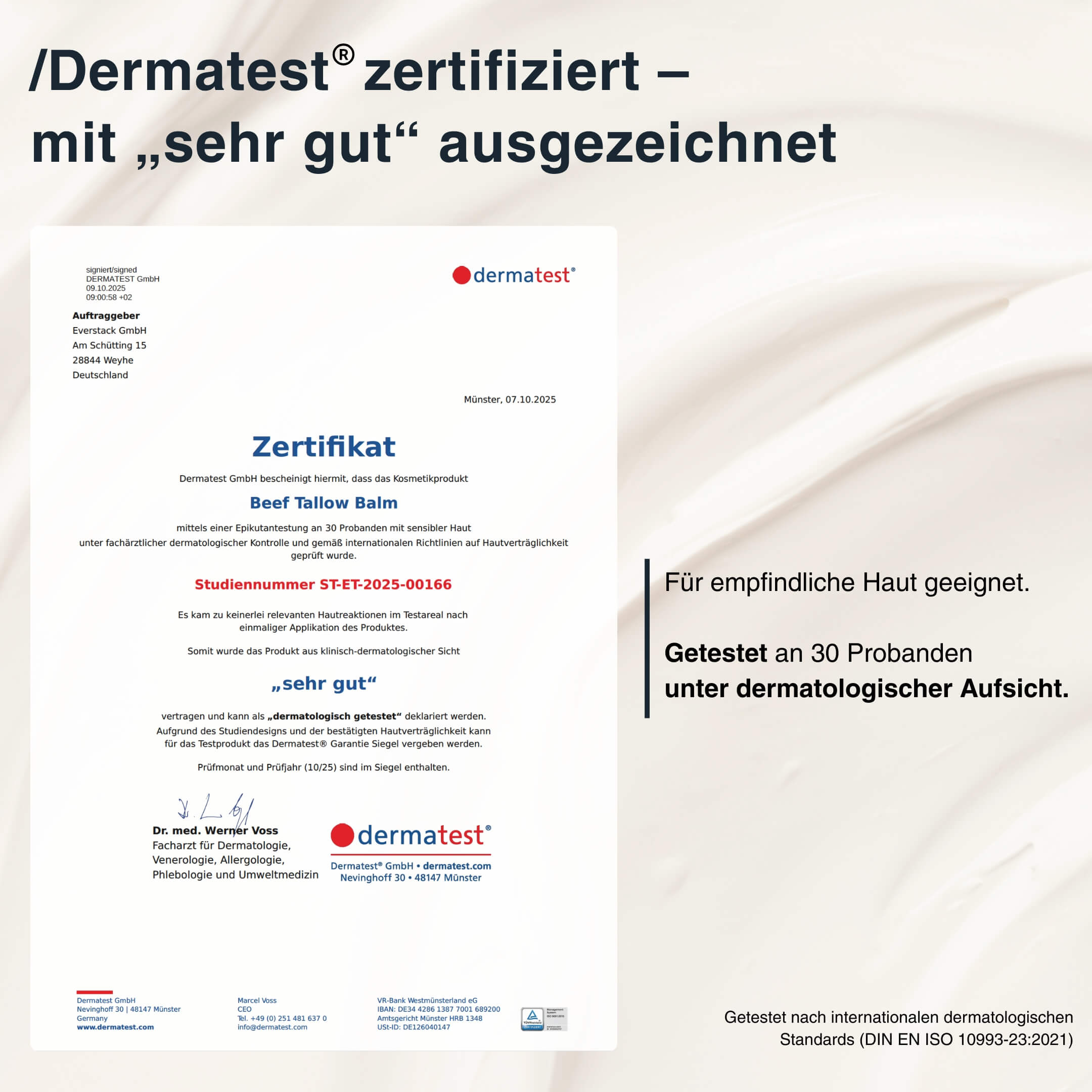 Dermatest Zertifikat Beef Tallow Balm – mit ‚Sehr gut‘ bewertet und für empfindliche Haut geeignet