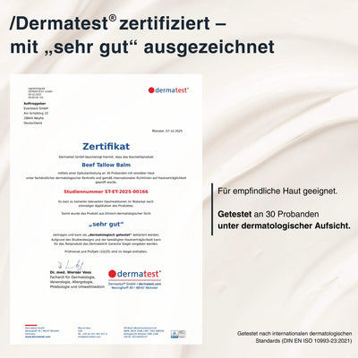 Dermatest Zertifikat Beef Tallow Balm – mit ‚Sehr gut‘ bewertet und für empfindliche Haut geeignet