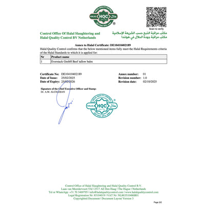 Halal Zertifikat für Beef Tallow Balm – Halal Quality Control Bestätigung Everstack GmbH 2025