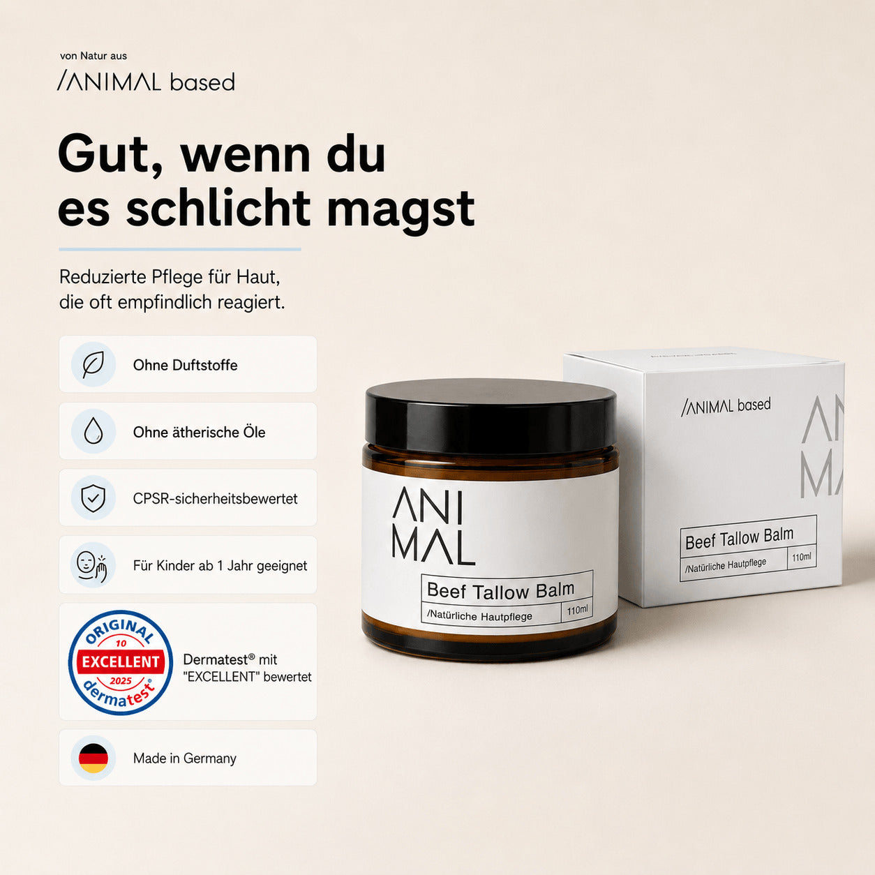 Beef Tallow Balm von Animal Based – nachhaltige Hautpflege mit Halal und Dermatest Siegel, handgefertigt in Deutschland