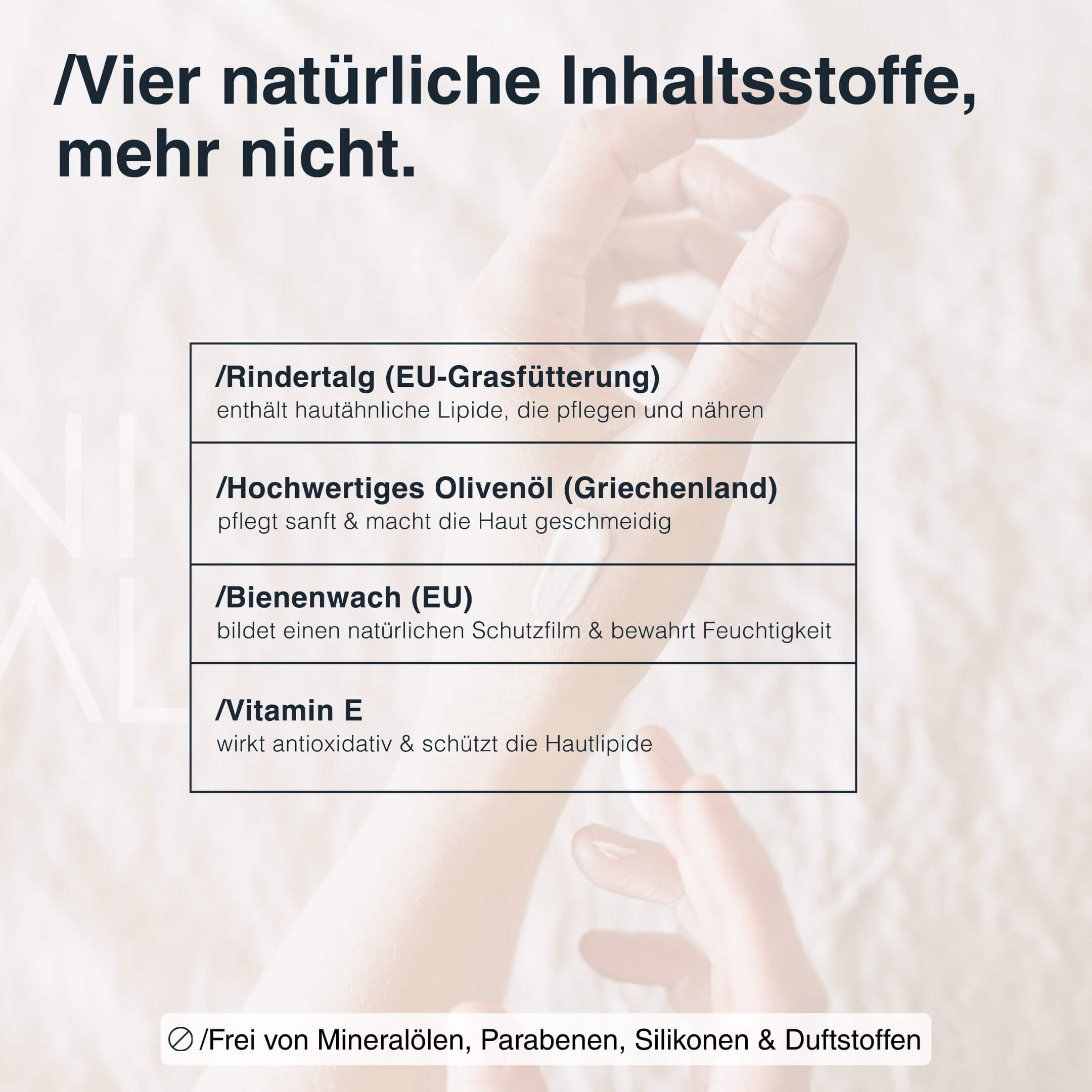 Natürliche Inhaltsstoffe im Beef Tallow Balm – Rindertalg, Olivenöl, Bienenwachs und Vitamin E von Animal Based